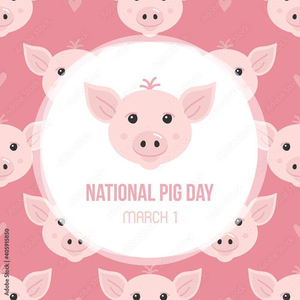 National Pig Day vector card, illustration with cute cartoon style pig faces pattern background. National Pig Day vector card, illustration with cute cartoon style pig faces pattern background.