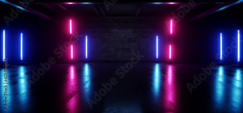 Neon Purple Blue Fluorescent Stage Showroom Scene Concrete Floor Hangar Underground Parking Vibrant Spaceship Sci Fi Futuristic Showcase Club Show Dark Cyber Virtual 3D Rendering