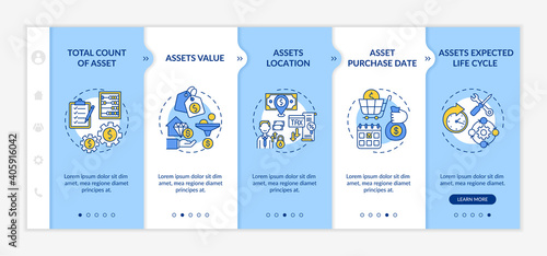Investment inventory elements onboarding vector template. Assets value and purchase date. Expected life cycle. Responsive mobile website with icons. Webpage walkthrough step screens. RGB color concept