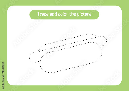Hot dog. Trace and color the picture. Educational game for children. Handwriting and drawing practice. Food theme activity for toddlers, kids.