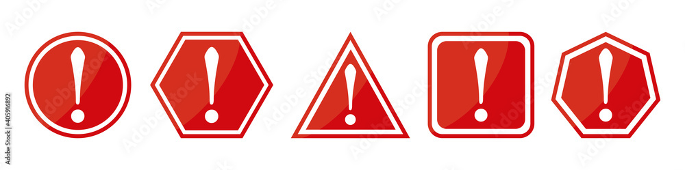 Set of white exclamation signs on red symbol isolated on white background. vector illustration. Round, square pentagon, star and triangle caution signs. Set of white exclamation signs on red symbol isolated on white background. vector illustration. Round, square pentagon, star and triangle caution signs.
