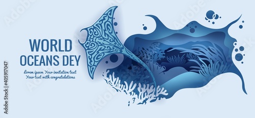 Text - world ocean day. Sea Stingray. template for making a postcard. vector image for laser cutting and plotter printing. fauna with marine animals....