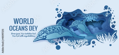 Text - world ocean day. Dolphin. template for making a postcard. vector image for laser cutting and plotter printing. fauna with marine animals.