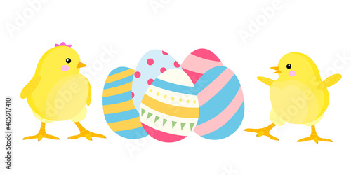 two chickens are having fun with easter eggs. cock and hen. stock vector illustration with Easter chickens on a white background. a picture for printing, greeting cards and greetings.