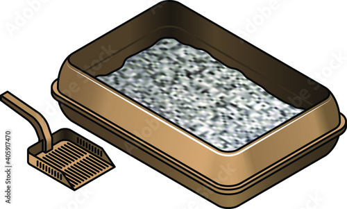 A cat/rabbit litter tray with clay litter and a matching scoop.