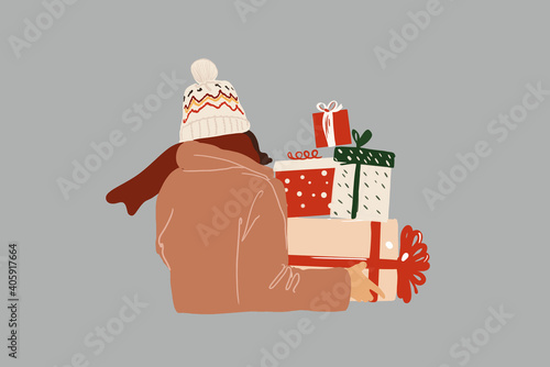 Woman with gift boxes staying back. Vector illustration in pastel tones.