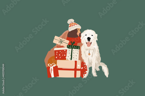 Woman with gift boxes and white dog. Vector illustration in pastel tones.