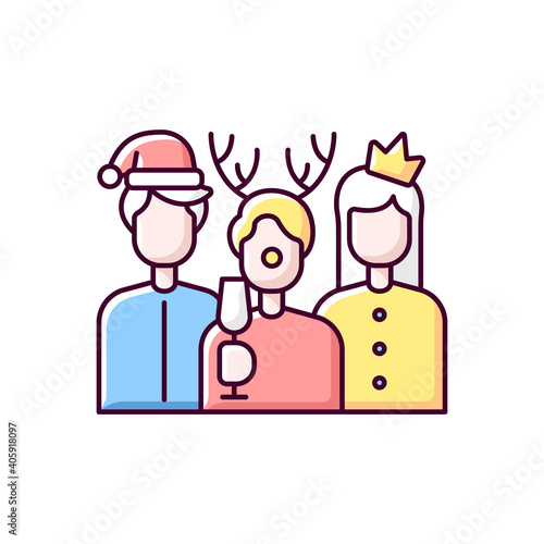 Christmas party RGB color icon. New year greetings. Friends gathering on social event. Special occasion fun. Winter holiday celebration with coworkers, colleagues. Isolated vector illustration