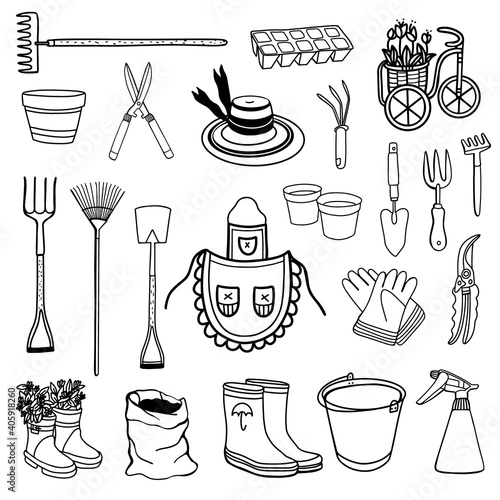 A set of garden tools. Gardener's equipment.Vector illustration in doodle style.