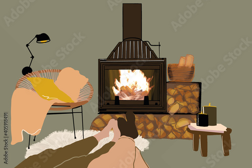 People's legs in living room with fireplace and wood cozy decorated. Vector illustration in pastel tones