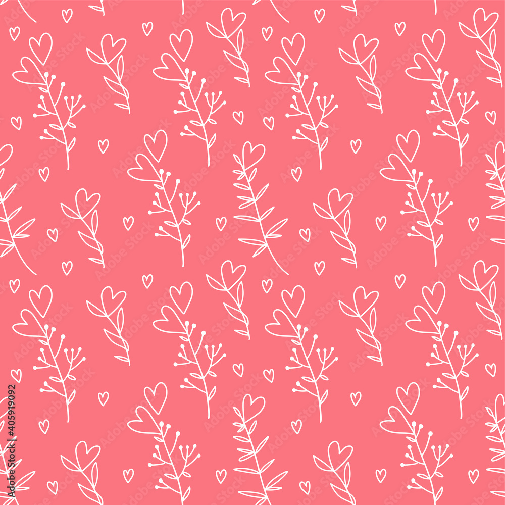 Obraz premium Hand drawn hearts on blanches seamless pattern. Floral linear vector illustration