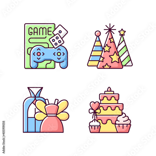 Friends and family gathering party RGB color icons set. Game night with videogames, boardgames. Birthday hat cones. Costume theme party. Candy bar. Cake buffet. Isolated vector illustrations