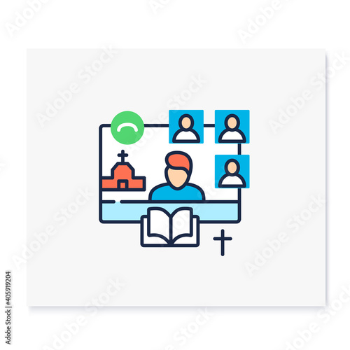 Online religious service color icon. Meeting together concept. Internet streaming website. Live, social distanced sermon. Remote public liturgy, community. Isolated vector illustration