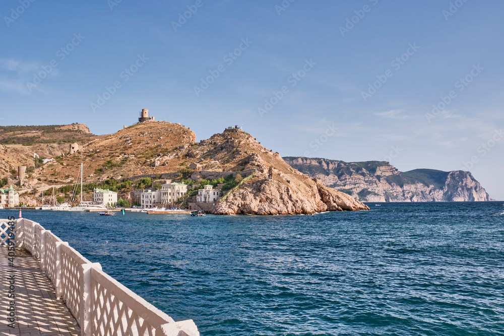 Mount Krepostnaya with the ruins of the medieval Genoese fortress Chembalo and the cape Aya, Balaklava region of Sevastopol, Crimean peninsula, Russia