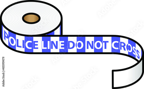 A roll of blue and white striped police tape."Police line do not cross."