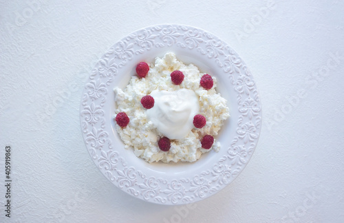 Cottage cheese with raspberries. Buffet luncheon. Banner. 