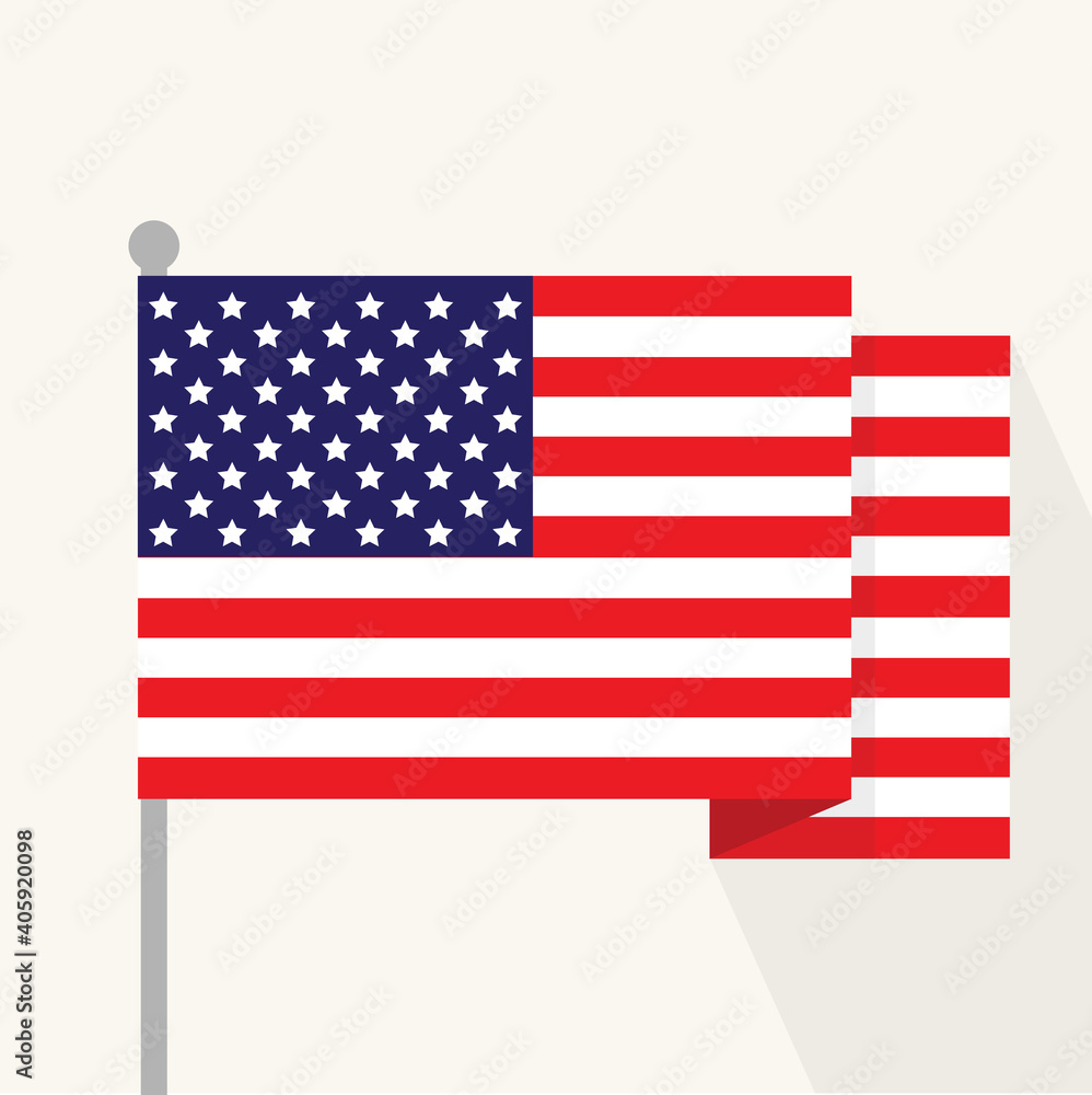 Flat design of waving American flag. Vector illustration. 