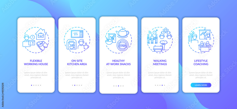 Workstation wellness onboarding mobile app page screen with concepts. Lifestyle coaching, working from home walkthrough 5 steps graphic instructions. UI vector template with RGB color illustrations
