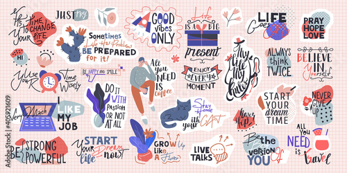 A big set of 27 stickers. Motivational phrases and quotes about office life, work, passion and etc. Handwritten lettering for design production, banners, booklets. In retro style, vector illustration.