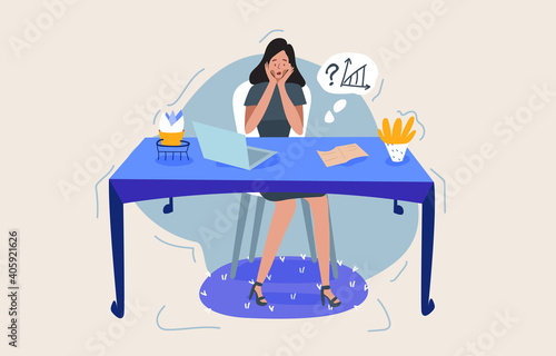 Hard worker, office woman is in a stressful situation, sitting behind the desk and trying to solve the problems. The measure of a deadline, making hard decisions. Colorful vector flat illustration.