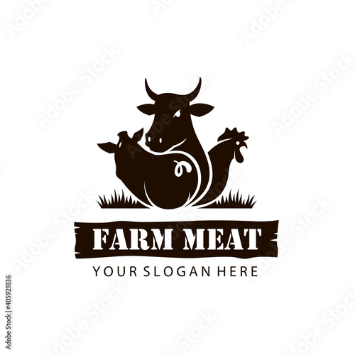monochrome label of farm animals cow, chicken and pig isolated on white background