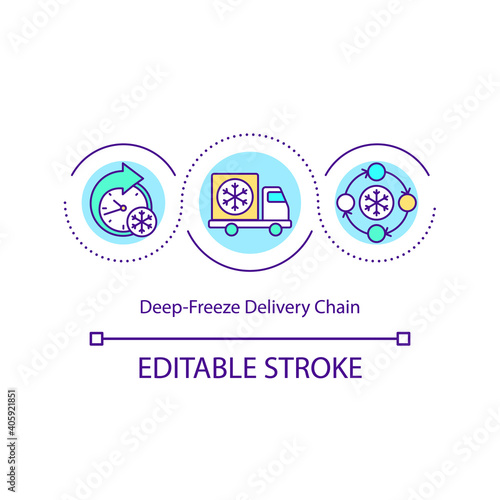 Deep-freeze delivery chain concept icon. Temperature-controlled supply chain for vaccines idea thin line illustration. Covid vaccine. Vector isolated outline RGB color drawing. Editable stroke