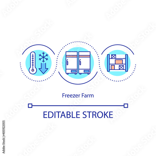 Freezer farm concept icon. Ultra-cold storage units idea thin line illustration. Coronavirus vaccine saving at critically low temps. Vector isolated outline RGB color drawing. Editable stroke
