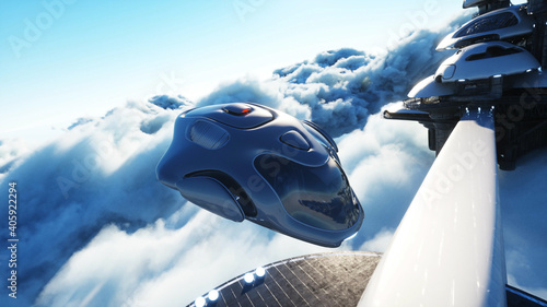 Fotografi futuristic ship lands on futuristic base in the clouds