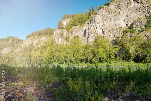 Scenery landscape with green forest and high rocky mountain under blue sky. trekking concept