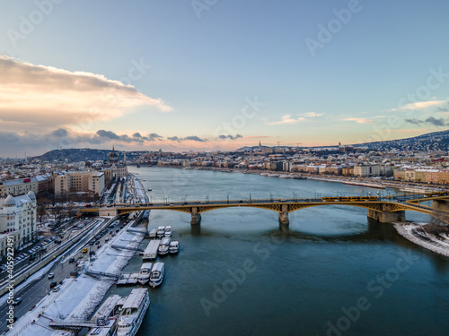Hungary - Beautiful snowy Budapest on a winter morning from drone view