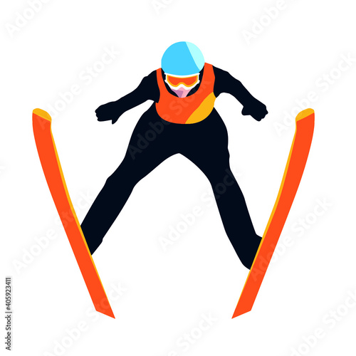 Straight front view of a ski jump athlete in V-style, vector illustration in high contrast vintage mode