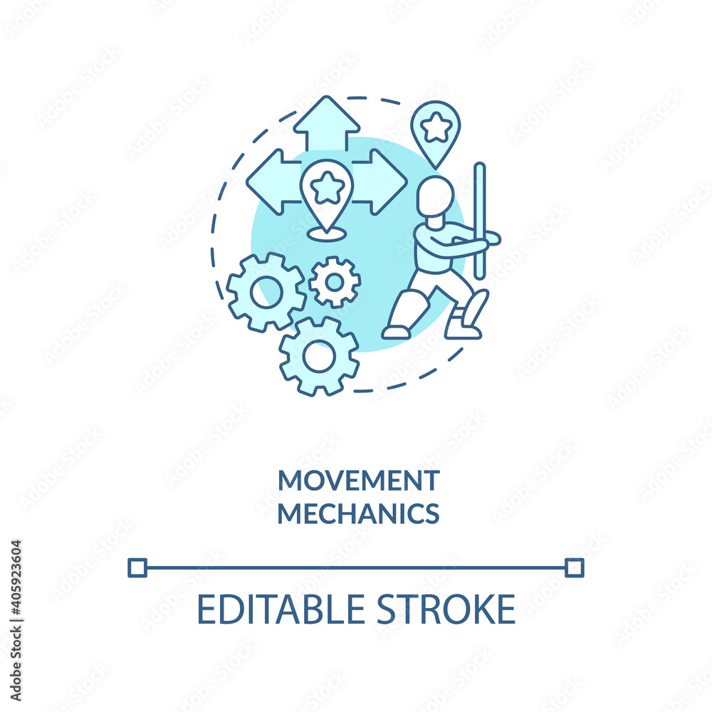 Movement mechanics concept icon. Game design industry benefits. Creating realistic hero moves. Game creation idea thin line illustration. Vector isolated outline RGB color drawing. Editable stroke