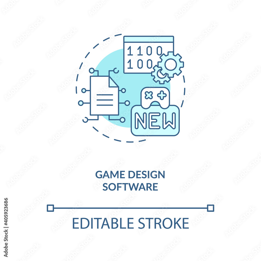 Game design software concept icon. Game designer skills. Programs for making modern plots. Development idea thin line illustration. Vector isolated outline RGB color drawing. Editable stroke