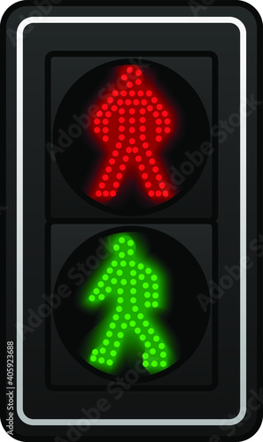 A set of LED pedestrian traffic lights. All lights are shown on.