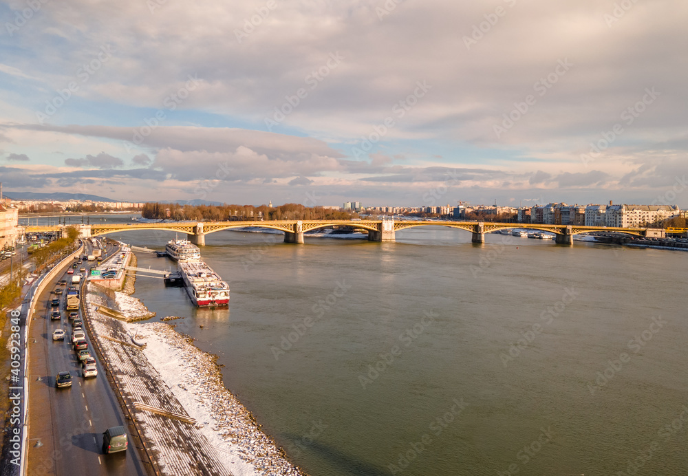 Hungary - Beautiful snowy Budapest on a winter morning from drone view