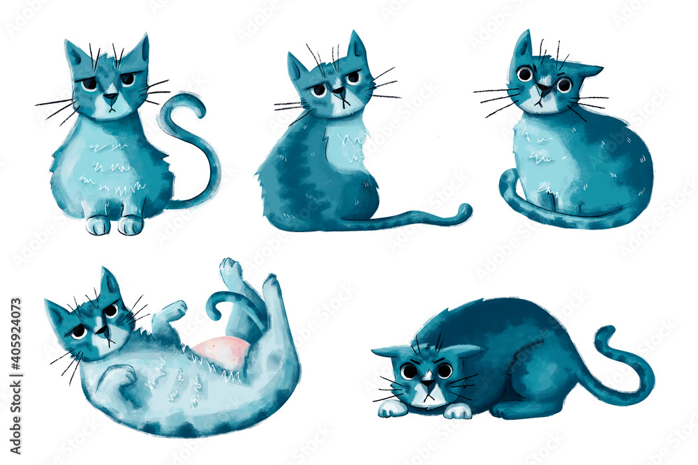 Ilustración gato adorable de color azul. Dibujo de gato en varias poses y expresiones.