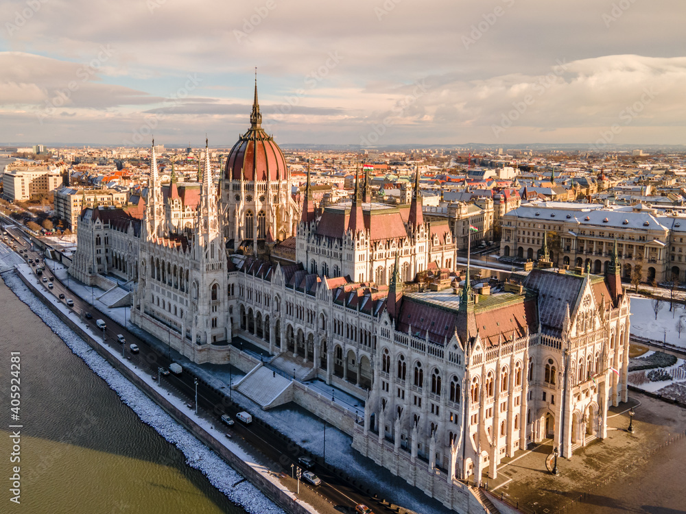 
Hungary - Beautiful snowy Budapest Parliament on a winter morning from a drone view