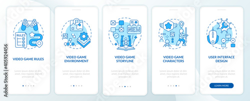 Video game design components onboarding mobile app page screen with concepts. Special game rules walkthrough 5 steps graphic instructions. UI vector template with RGB color illustrations