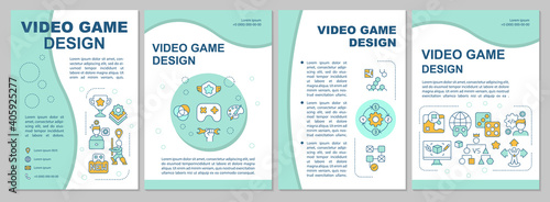 Video game design brochure template. Programmer, animator. Flyer, booklet, leaflet print, cover design with linear icons. Vector layouts for magazines, annual reports, advertising posters