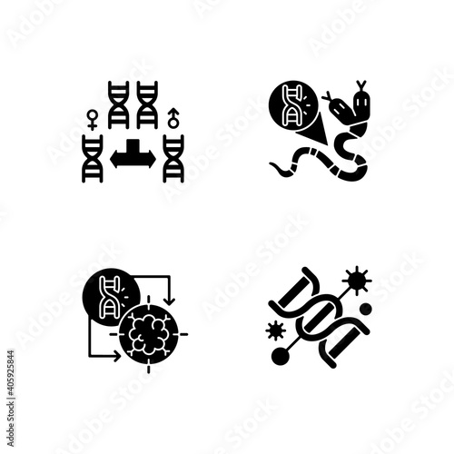 DNA manipulation black glyph icons set on white space. Chromosome division. Genetic mutation. Gene silencing. Life reproduction. Genetic engineering. Silhouette symbols. Vector isolated illustration