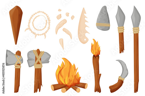 Stone age, barbarian tools, weapon, fireplace and necklace from bones in cartoon style isolated on white background. Knife, axe and arrow from sharpen rock, wooden cub. Archaeology concept.