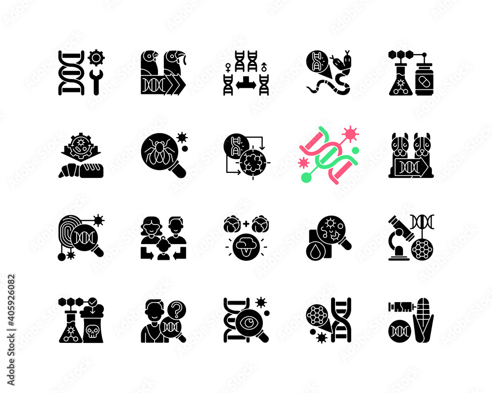 Genetic engineering black glyph icons set on white space. Chromosome division. Animal mutation. Medical, industrial biotechnology. Cloning. Silhouette symbols. Vector isolated illustration Genetic engineering black glyph icons set on white space. Chromosome division. Animal mutation. Medical, industrial biotechnology. Cloning. Silhouette symbols. Vector isolated illustration