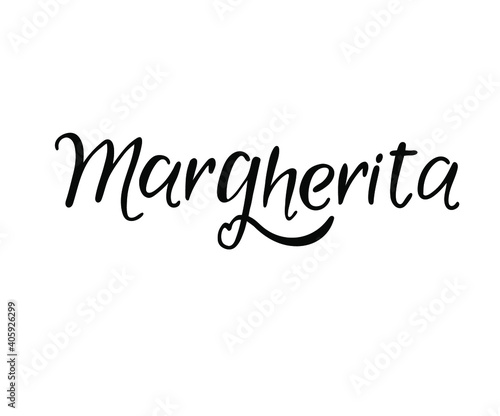 Vector illustration of lettering for  restaurant. Logo for pizzeria, café. Template of banner or poster for pizza café or restaurant. Handwritten calligraphy made by ink and brush. Margherita text.