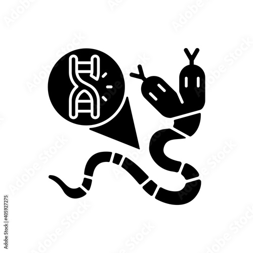 Genetic mutation black glyph icon. Genome sequence with damage. Gene manipulation. DNA structure of animal. Science experiment. Silhouette symbol on white space. Vector isolated illustration