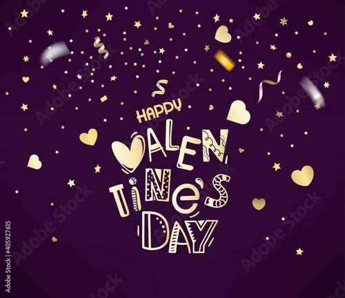 Golden confetti and hearts on red background. Happy Valentanes day