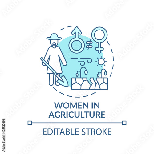Women in agriculture concept icon. Climate poverty risk groups idea thin line illustration. Vector isolated outline RGB color drawing. Use female labor in agriculture. Editable stroke