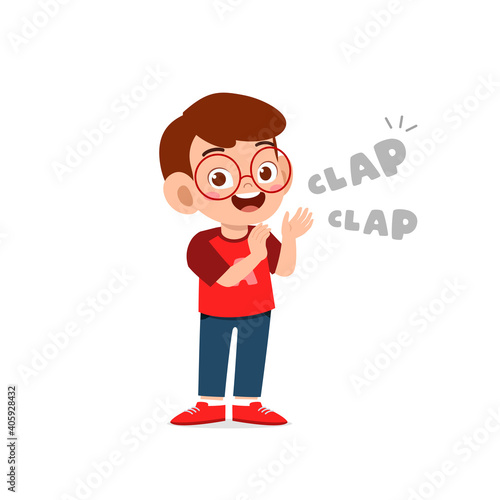 happy cute little kid boy standing and clap the hand