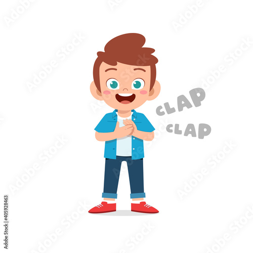 happy cute little kid boy standing and clap the hand