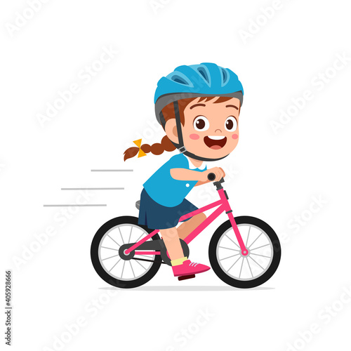 Fototapeta happy cute little girl boy riding bicycle