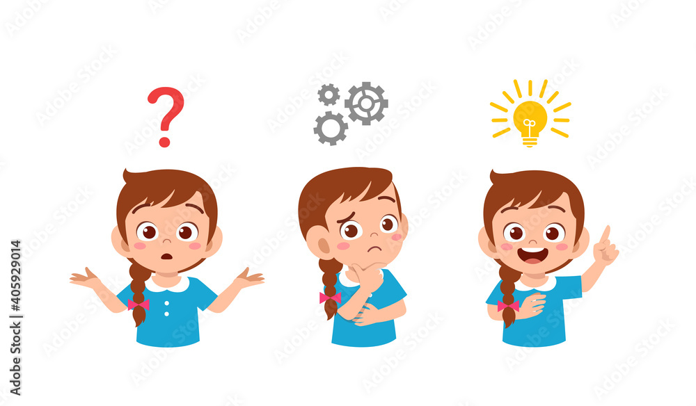 happy cute little kid girl thinking and searching idea process happy cute little kid girl thinking and searching idea process